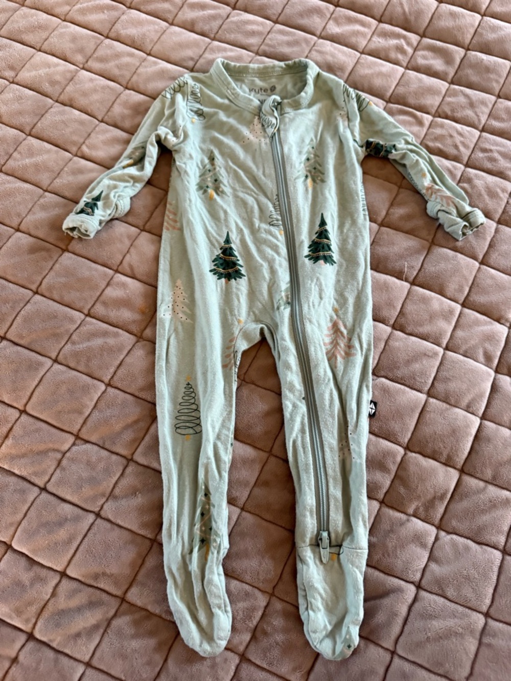Kyte BABY Mint Green Footed One-Piece with Boho Christmas Tree Print